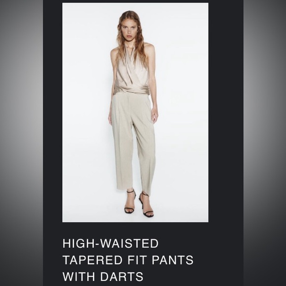 ZARA XS sand colored (beige / tan) high-wasted tapered fit pants with darts NWT - Picture 3 of 4
